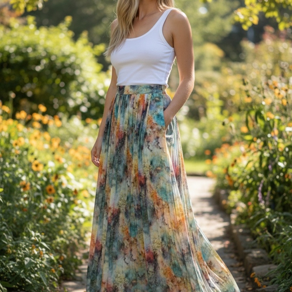 VINTAGE Biscote Paris Watercolor Abstract Maxi Skirt -Made in France Y2K Size S